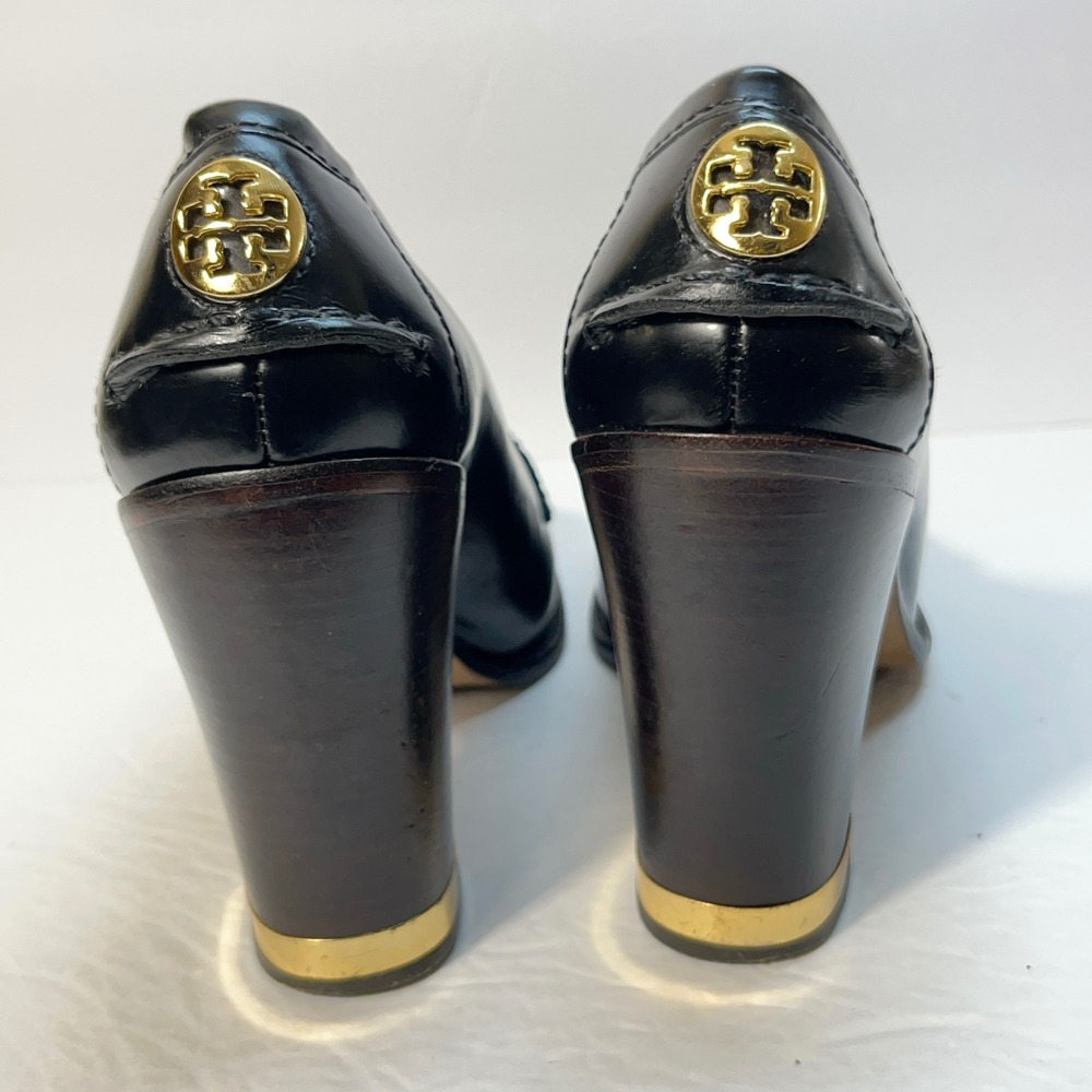 Tory Burch Womens Heeled Loafer Pumps 8.5M Black Leather Logo Block Heel Preppy - Picture 4 of 11